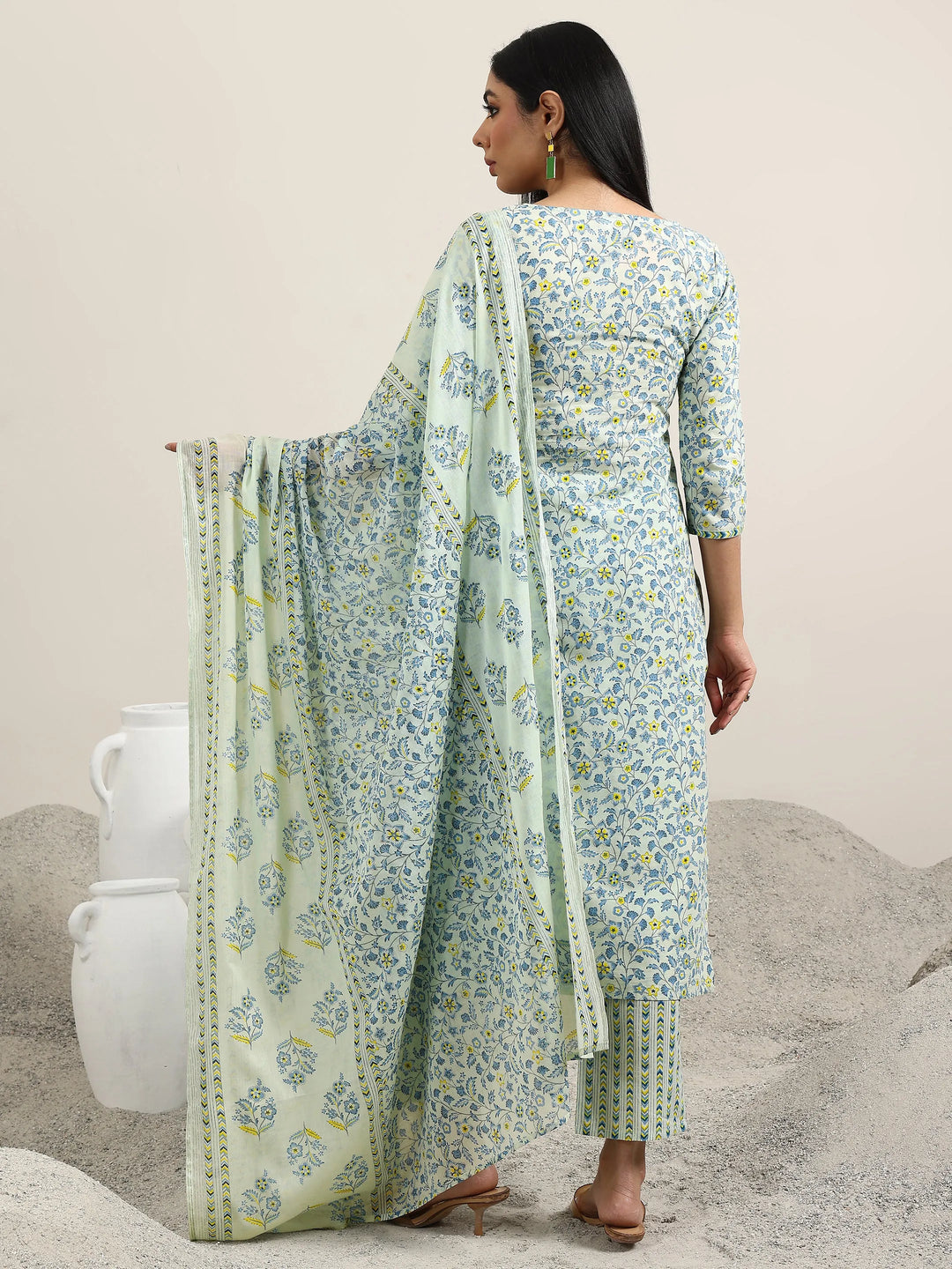  Blue Printed Cotton Straight Suit With Dupatta 