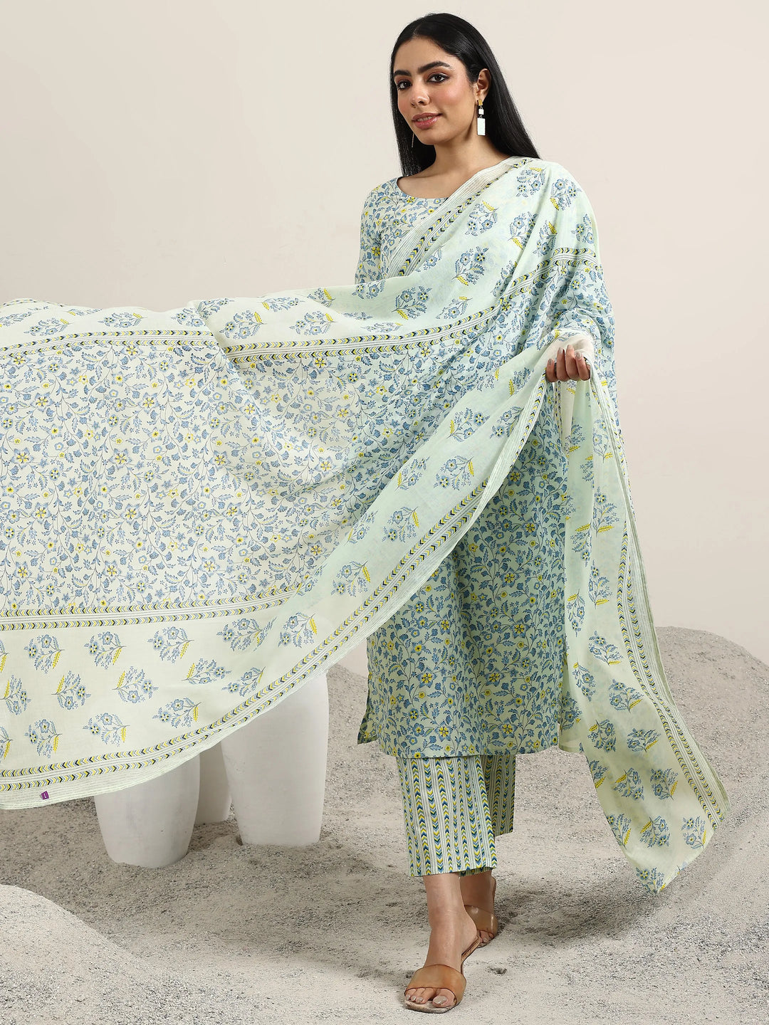  Blue Printed Cotton Straight Suit With Dupatta 