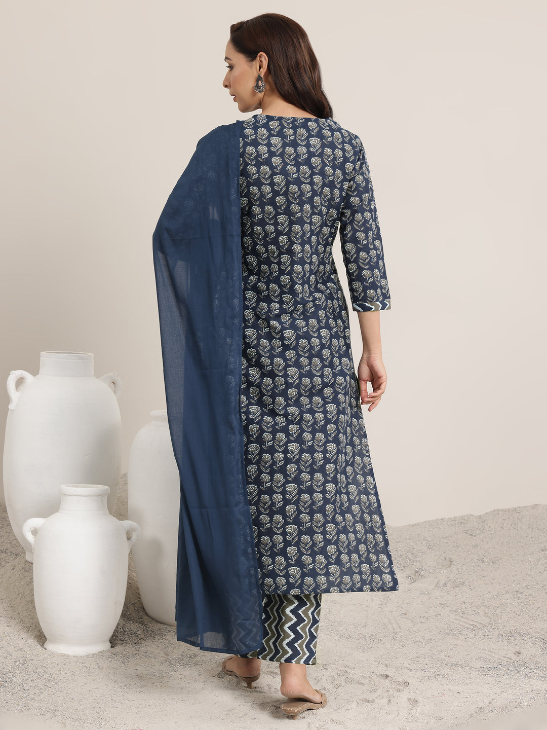  Navy Printed Cotton Straight Suit Set With Dupatta 