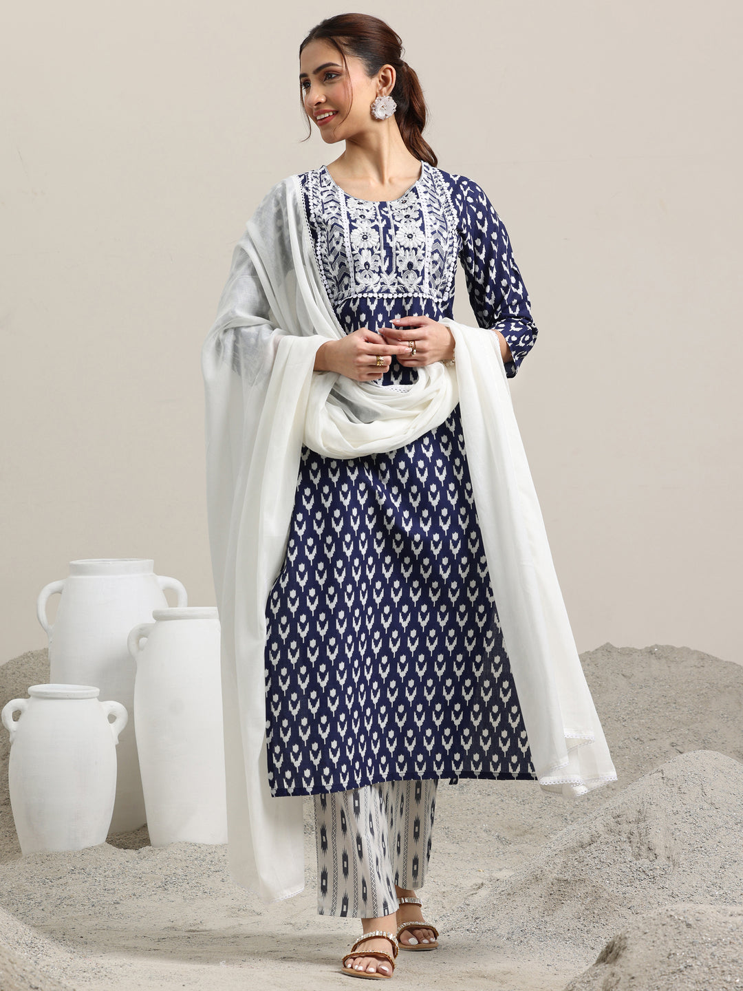 Blue Printed Cotton Straight Suit With Dupatta