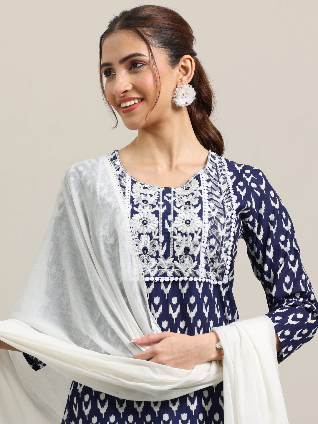  Blue Printed Cotton Straight Suit With Dupatta 