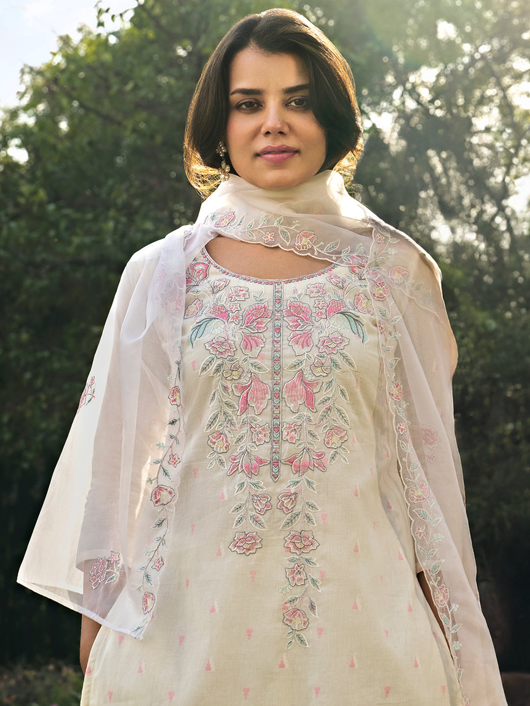 Off White Embroidered Cotton Straight Suit With Dupatta