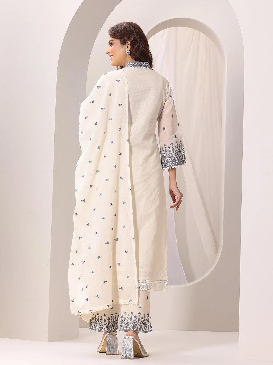  Off White Embroidered Cotton Straight Suit Set With Dupatta 