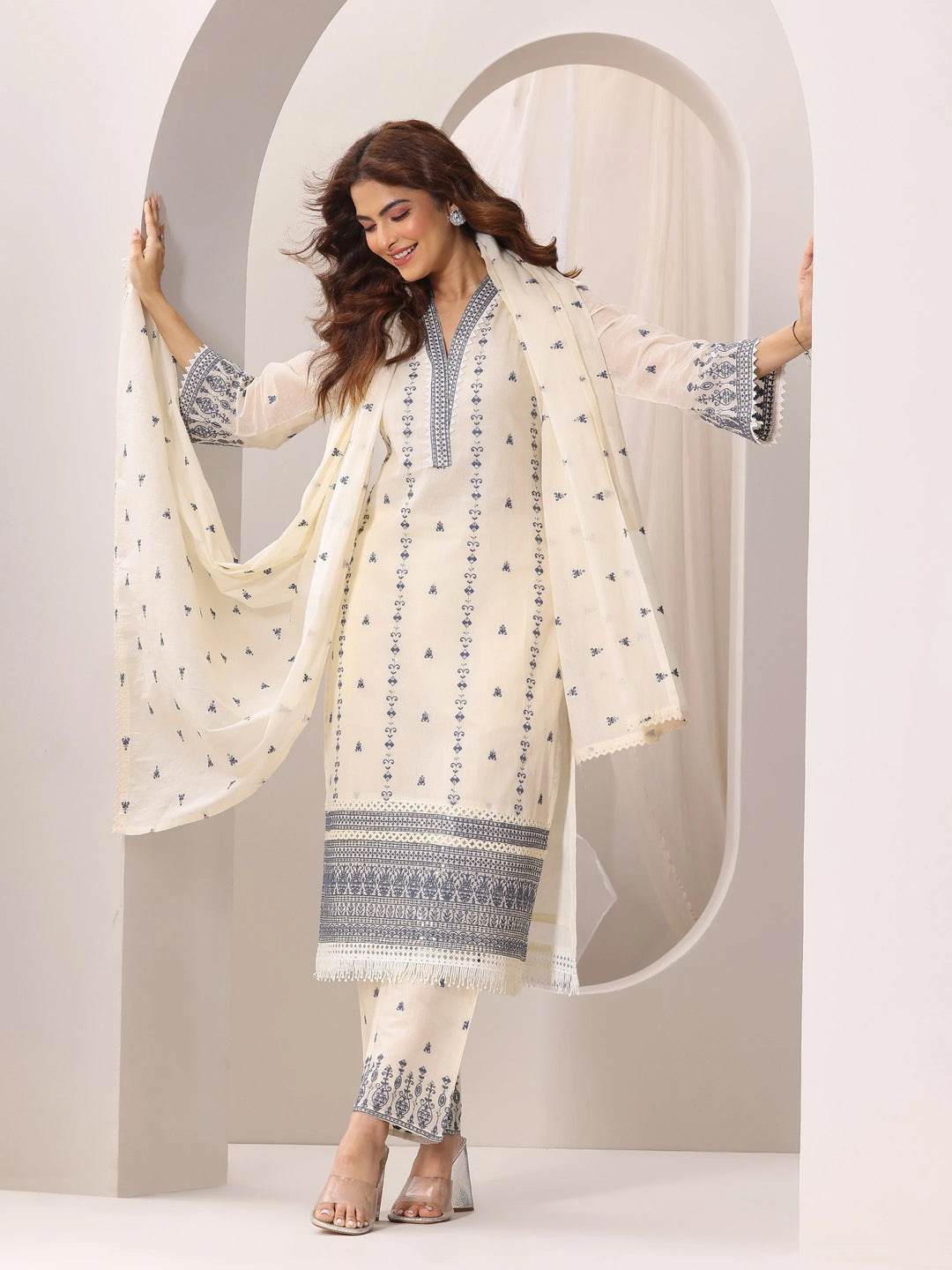  Off White Embroidered Cotton Straight Suit Set With Dupatta 