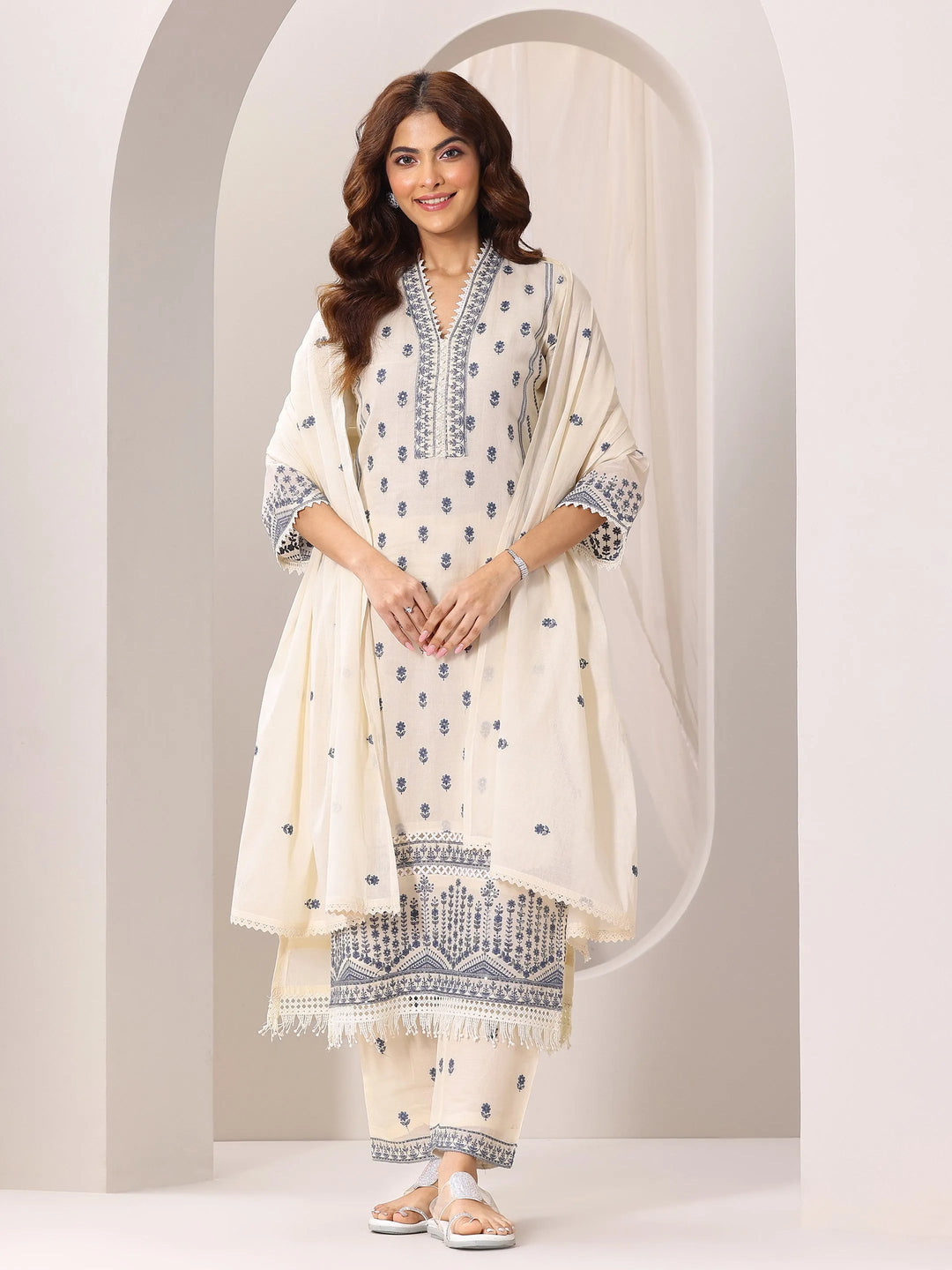  Off White Embroidered Cotton Straight Suit Set With Dupatta 