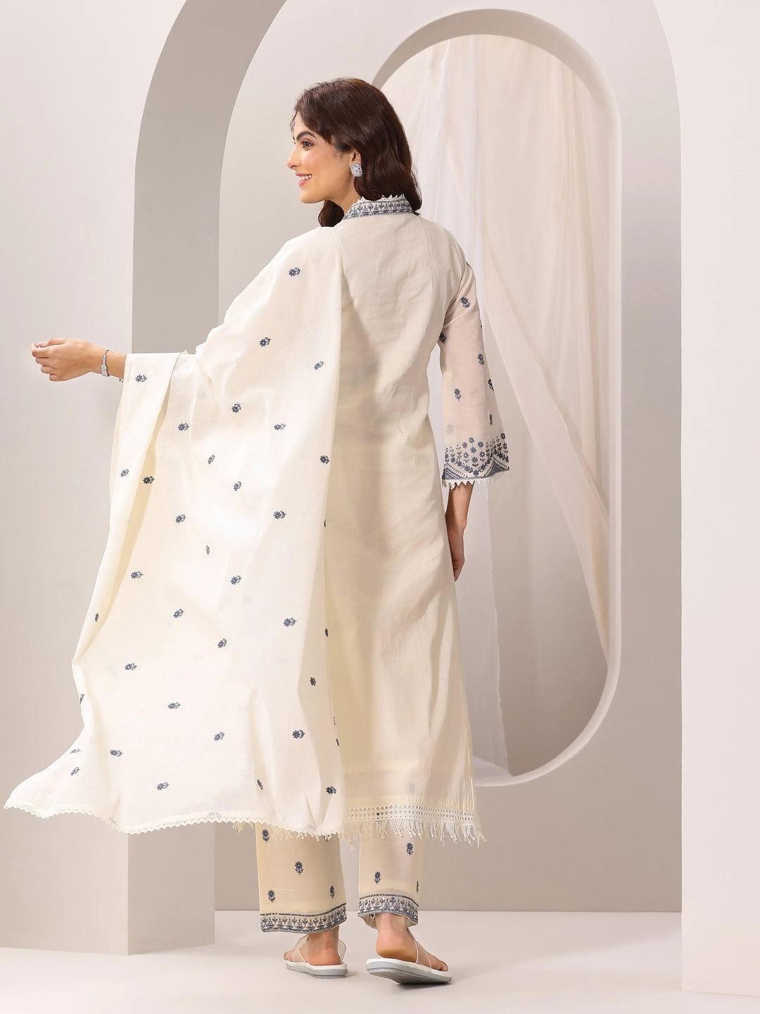  Off White Embroidered Cotton Straight Suit Set With Dupatta 