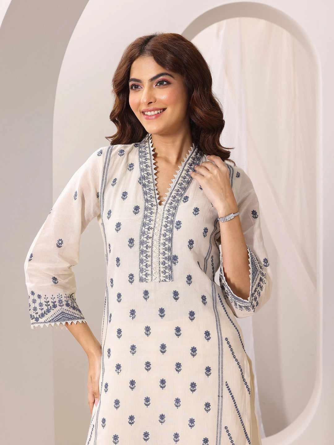  Off White Embroidered Cotton Straight Suit Set With Dupatta 