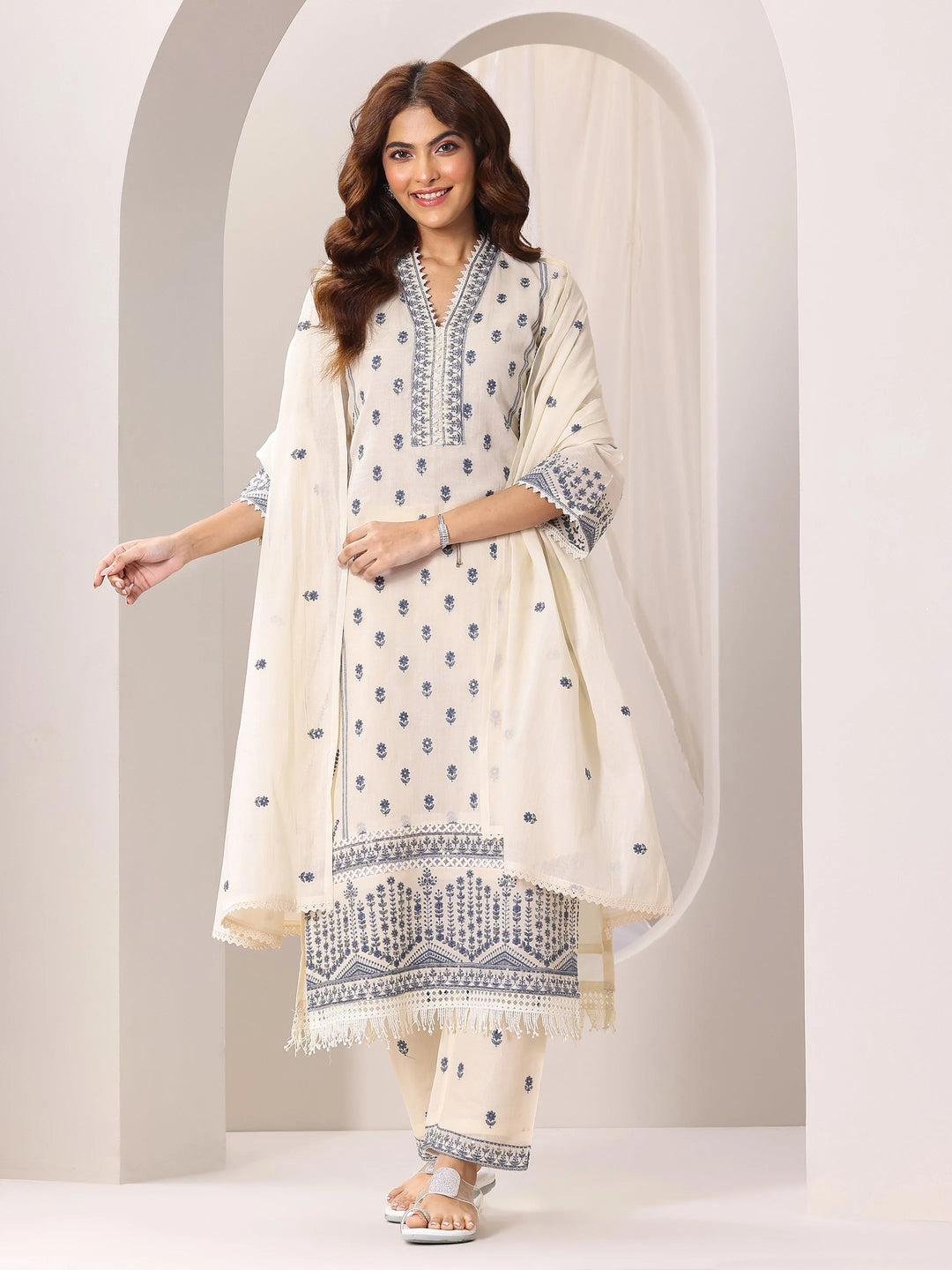  Off White Embroidered Cotton Straight Suit Set With Dupatta 