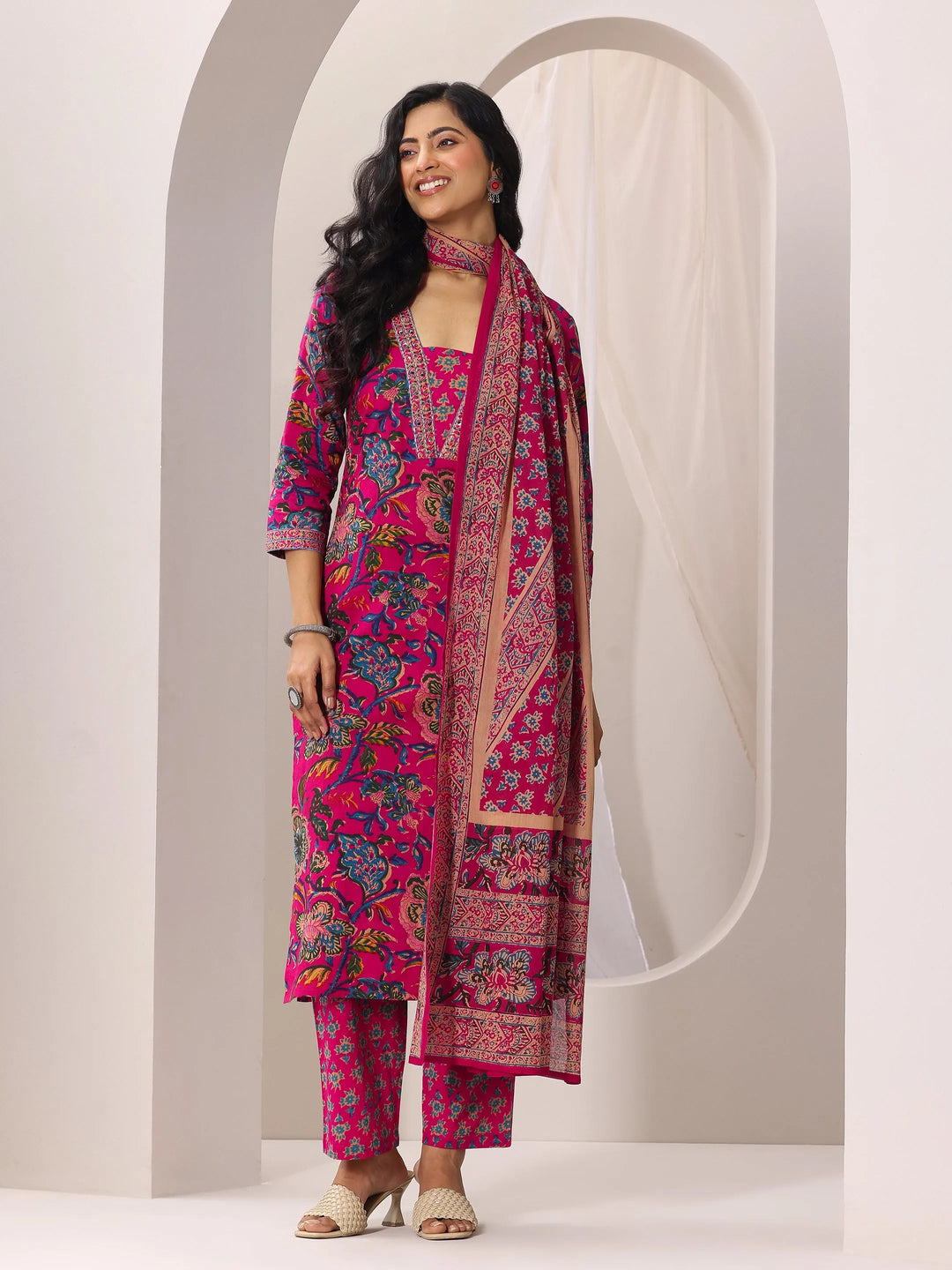  Pink Printed Cotton Straight Suit Set With Dupatta 