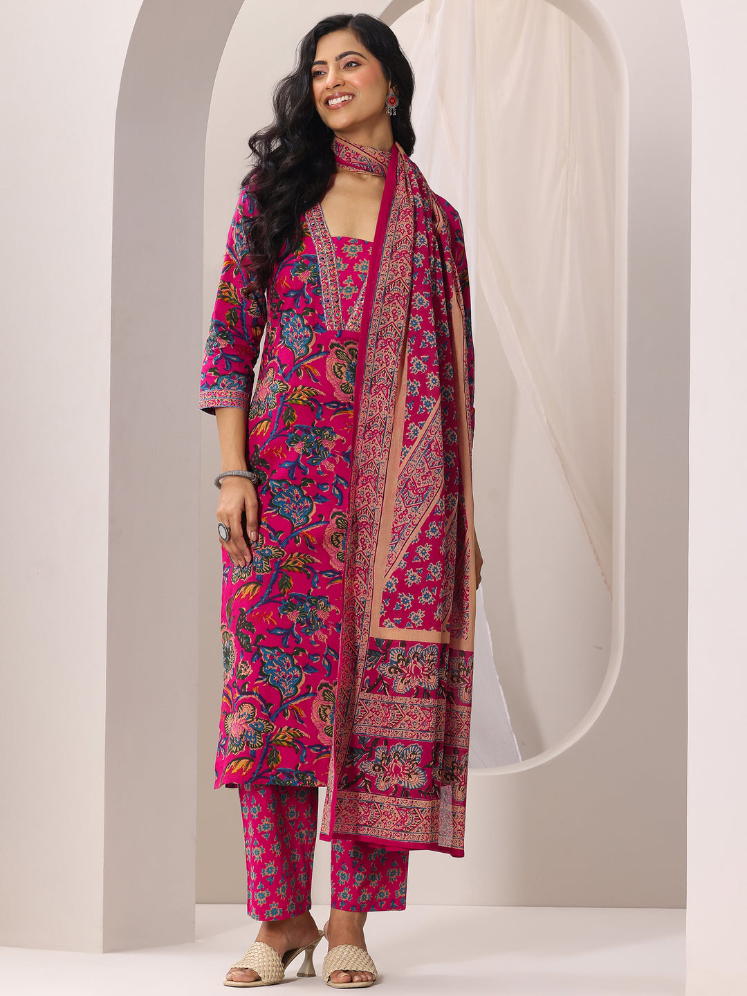 Pink Printed Cotton Straight Suit Set With Dupatta