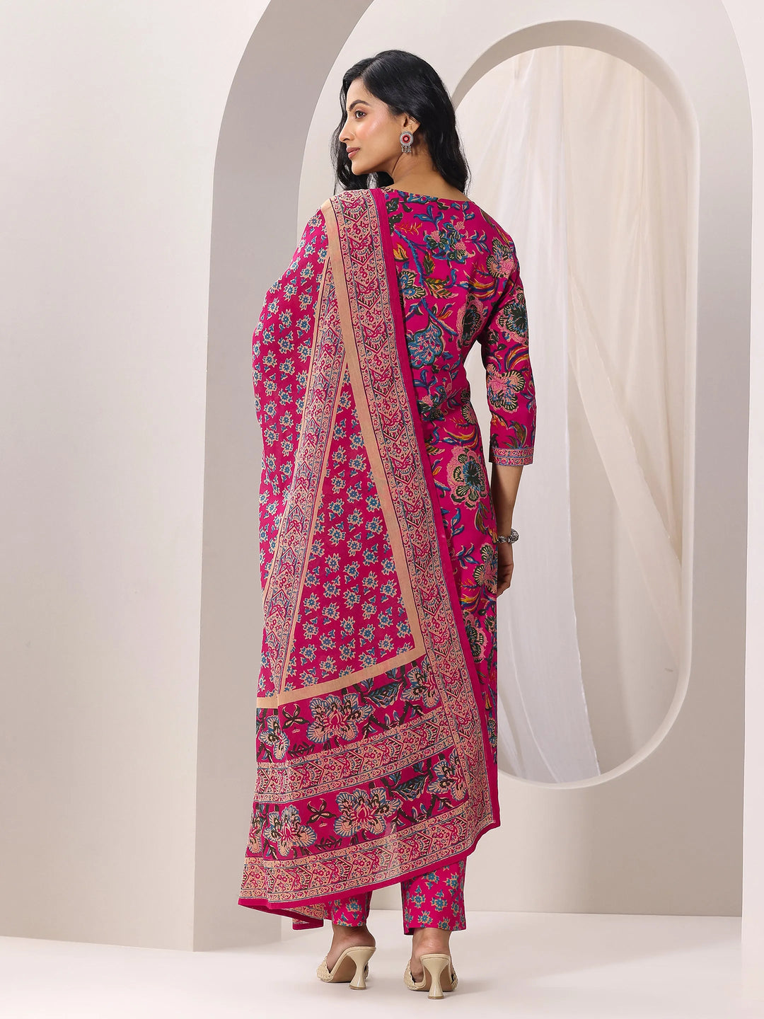  Pink Printed Cotton Straight Suit Set With Dupatta 