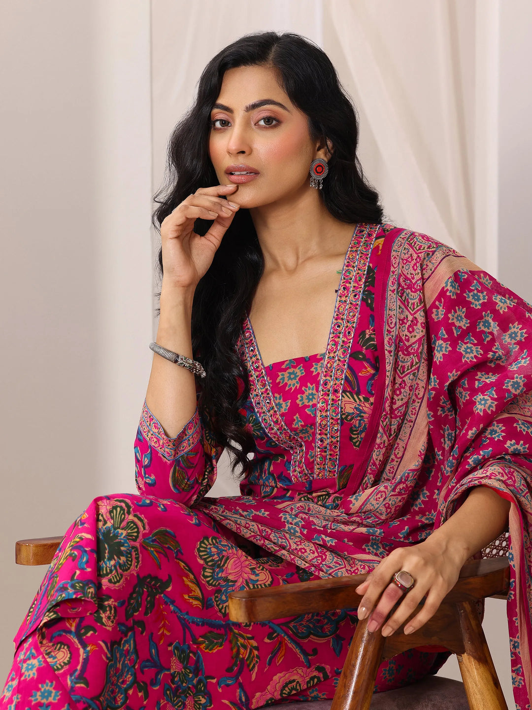  Pink Printed Cotton Straight Suit Set With Dupatta 