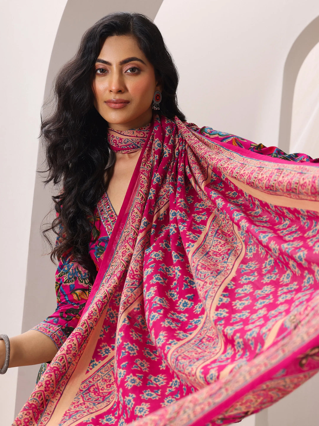  Pink Printed Cotton Straight Suit Set With Dupatta 