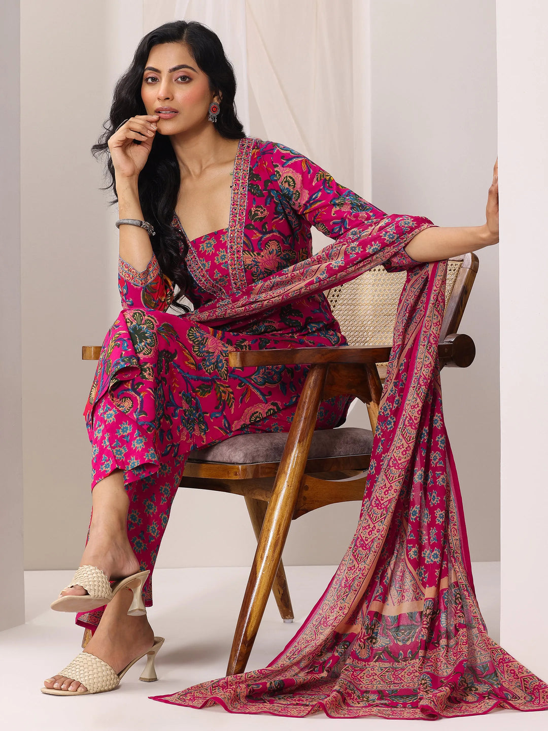  Pink Printed Cotton Straight Suit Set With Dupatta 