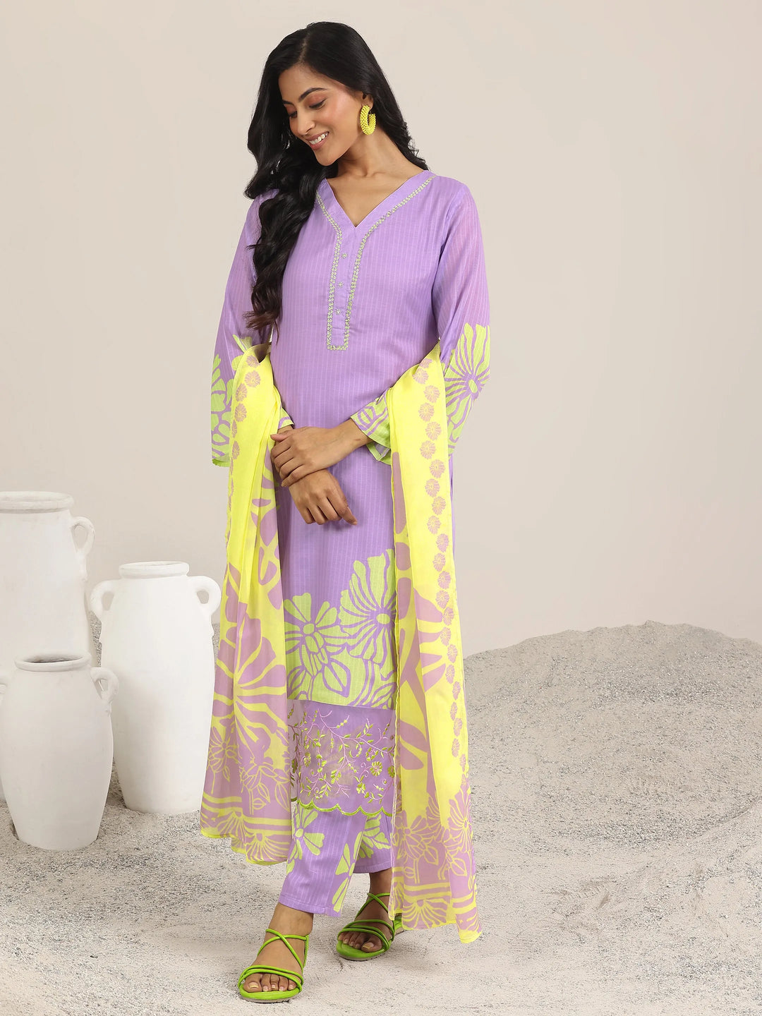  Lavender Printed Cotton Straight Suits With Dupatta 