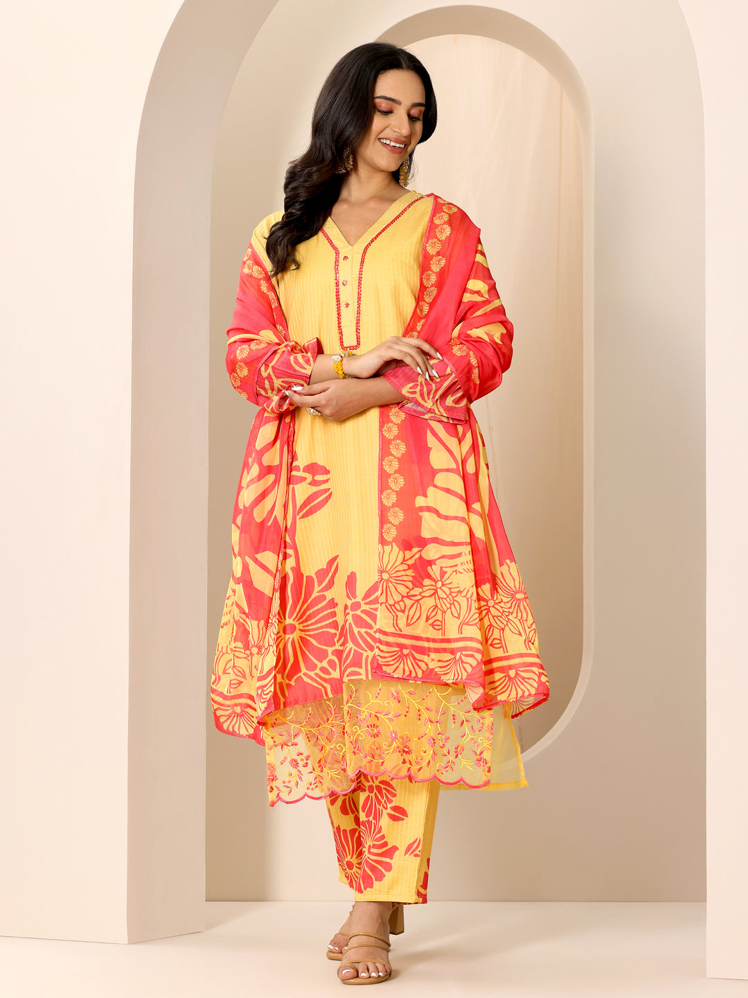  Yellow Printed Cotton Straight Suit Set With Dupatta 