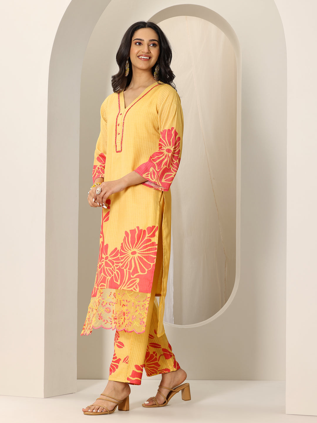  Yellow Printed Cotton Straight Suit Set With Dupatta 