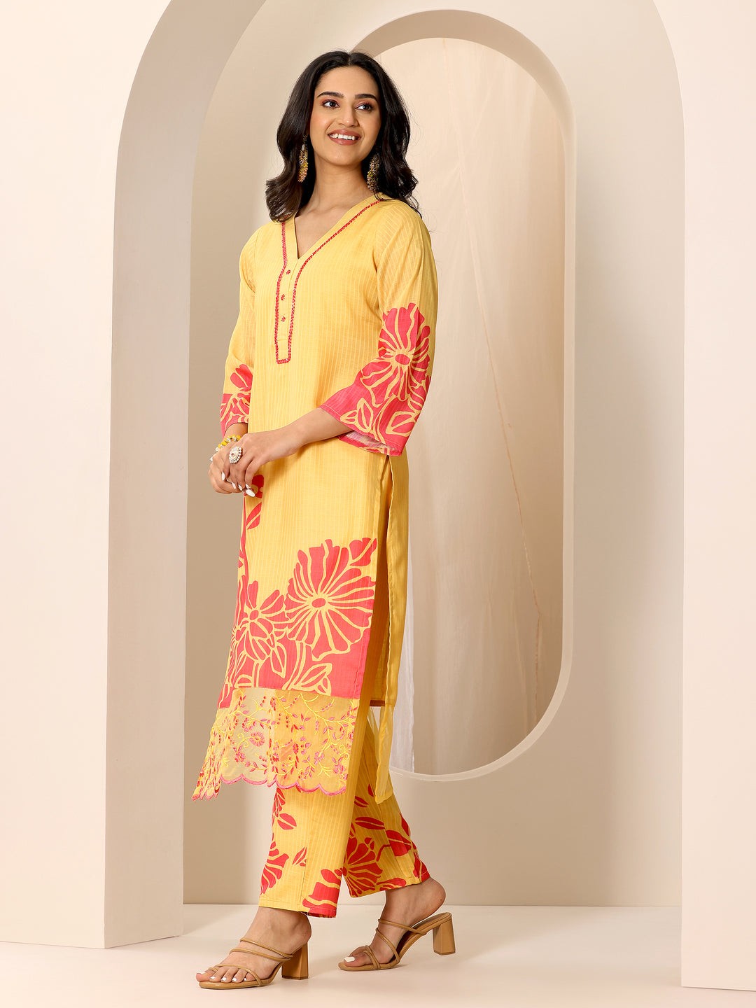  Yellow Printed Cotton Straight Suit Set With Dupatta 