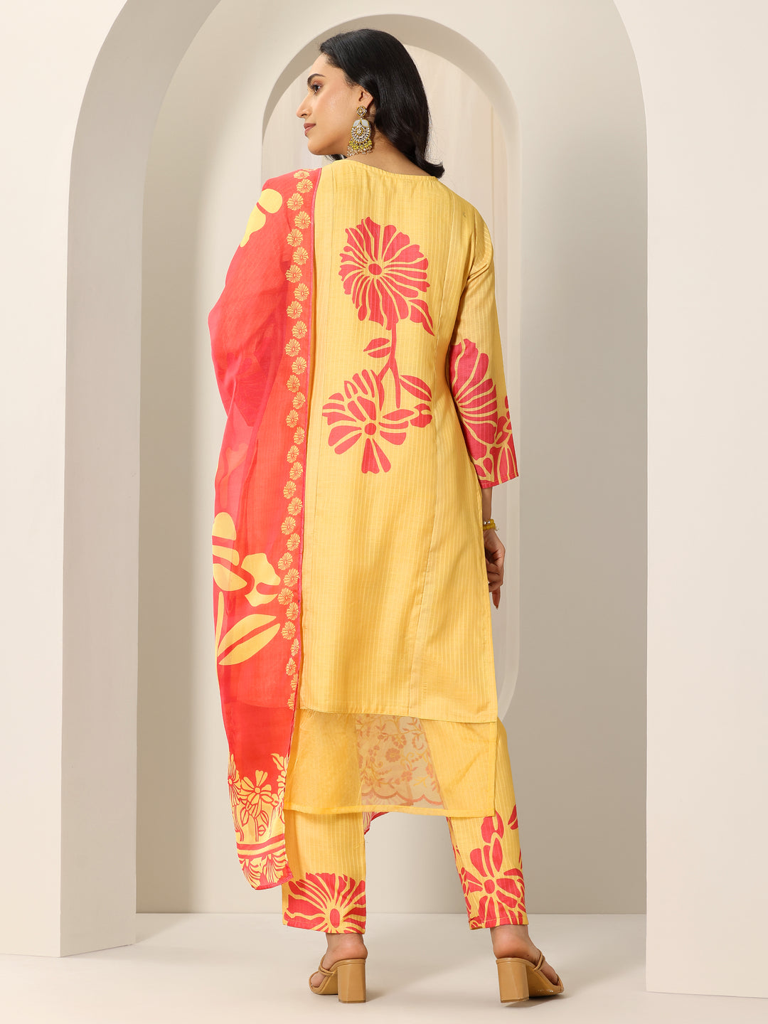  Yellow Printed Cotton Straight Suit Set With Dupatta 