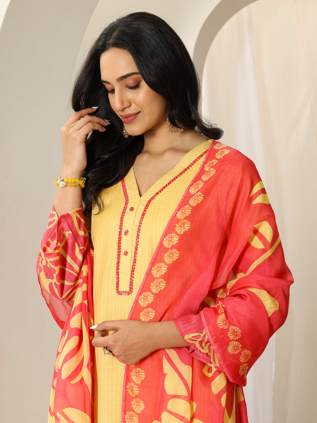  Yellow Printed Cotton Straight Suit Set With Dupatta 