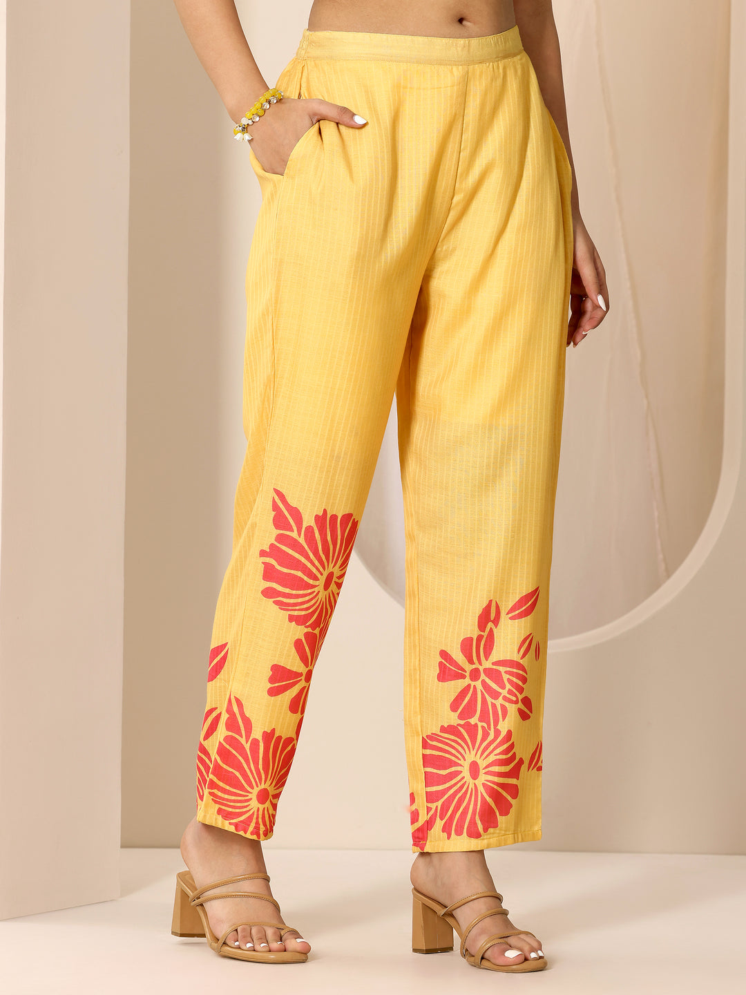  Yellow Printed Cotton Straight Suit Set With Dupatta 