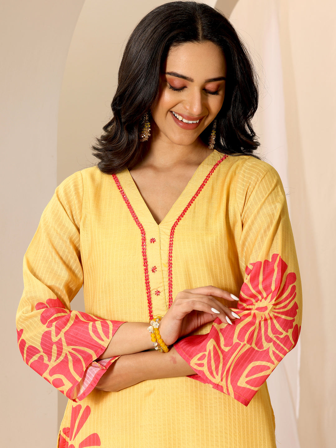  Yellow Printed Cotton Straight Suit Set With Dupatta 