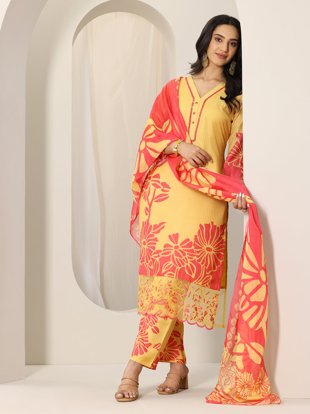 Yellow Printed Cotton Straight Suit Set With Dupatta