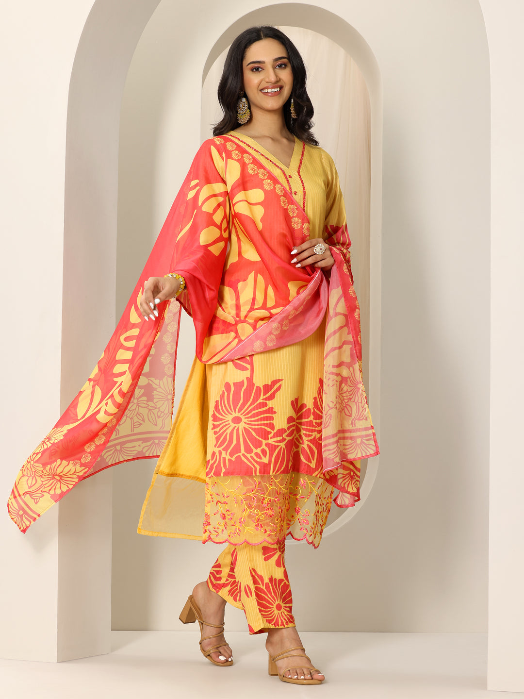  Yellow Printed Cotton Straight Suit Set With Dupatta 