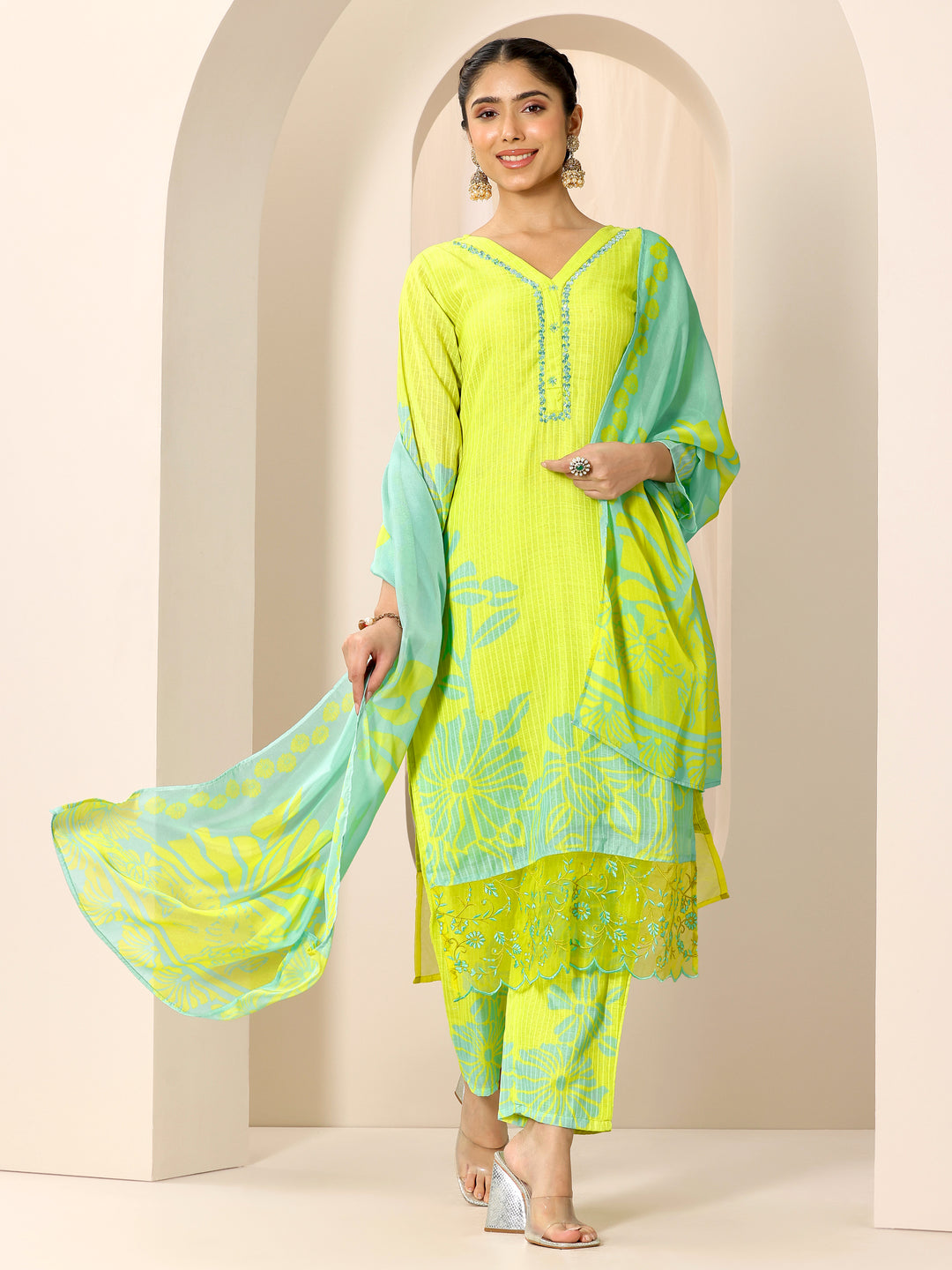  Green Printed Cotton Straight Suit Set With Dupatta 