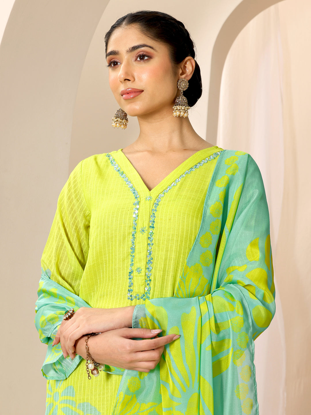 Green Printed Cotton Straight Suit Set With Dupatta