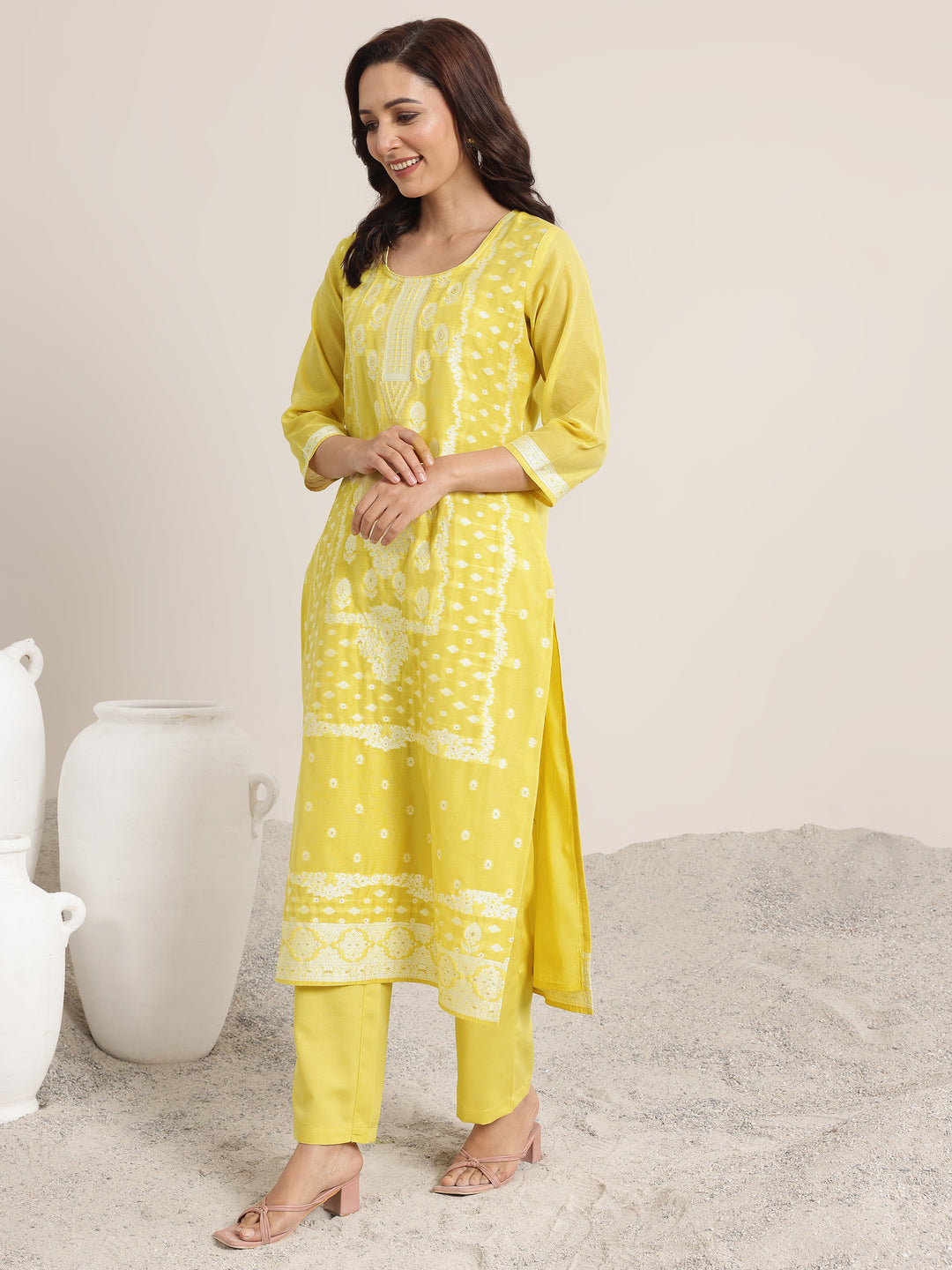  Yellow Woven Design Chanderi Silk Straight Suit Set With Dupatta 