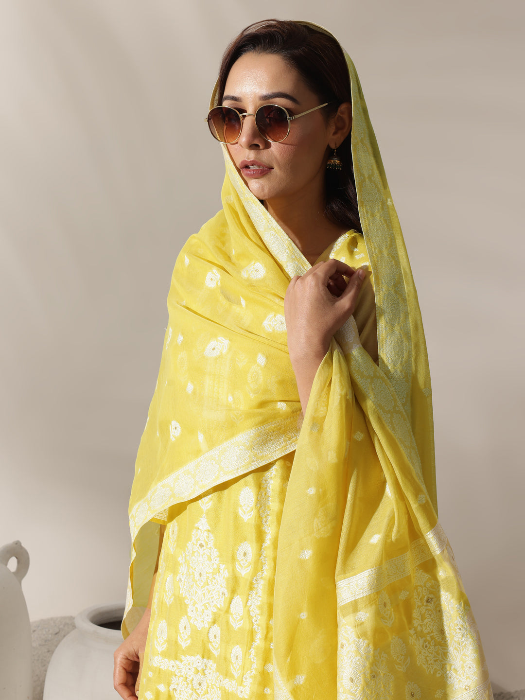  Yellow Woven Design Chanderi Silk Straight Suit Set With Dupatta 