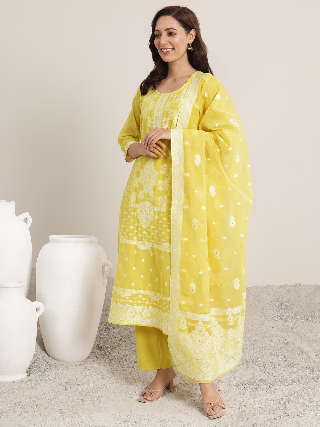  Yellow Woven Design Chanderi Silk Straight Suit Set With Dupatta 