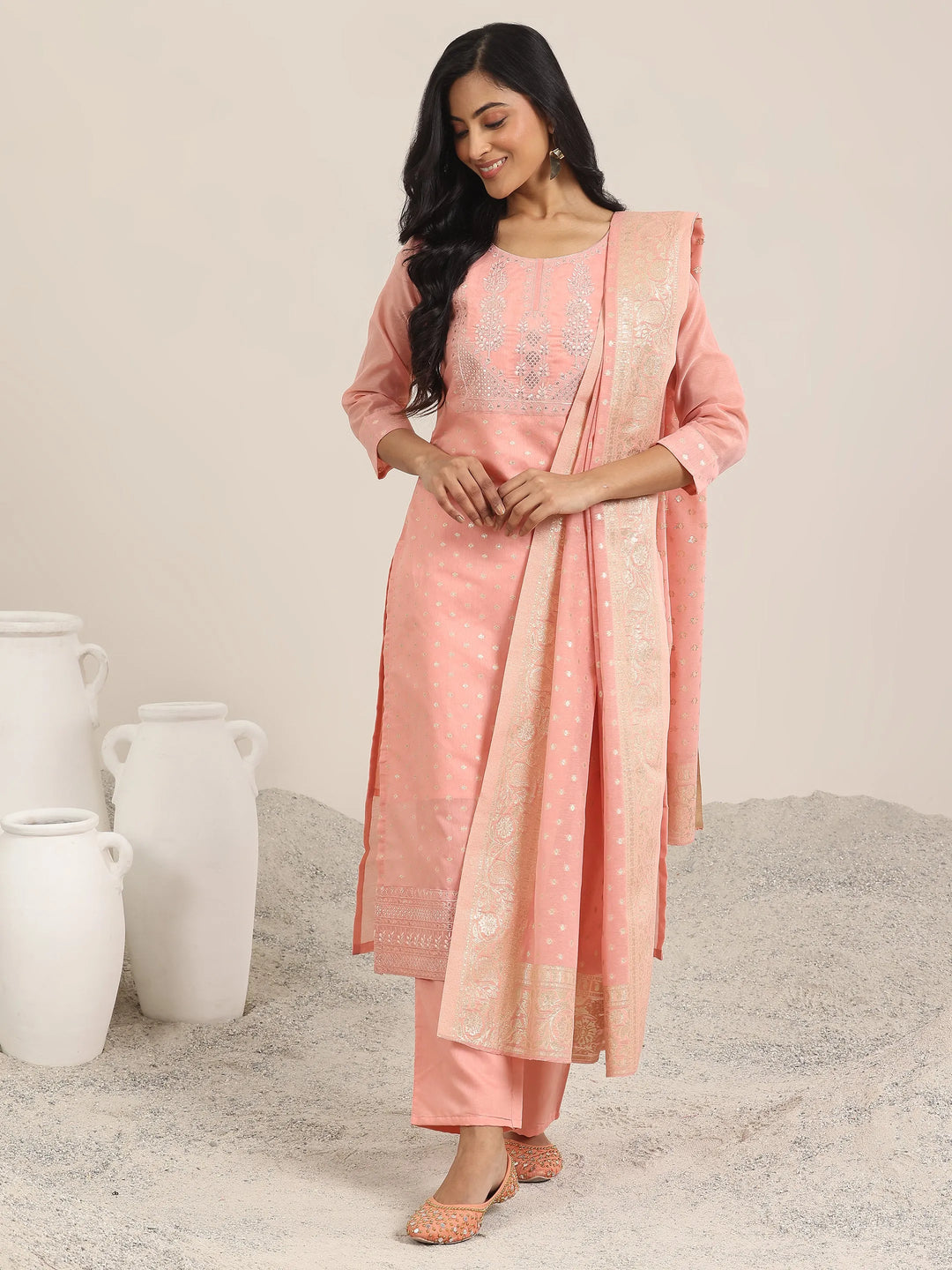  Peach Woven Design Chanderi Silk Straight Suit With Dupatta 