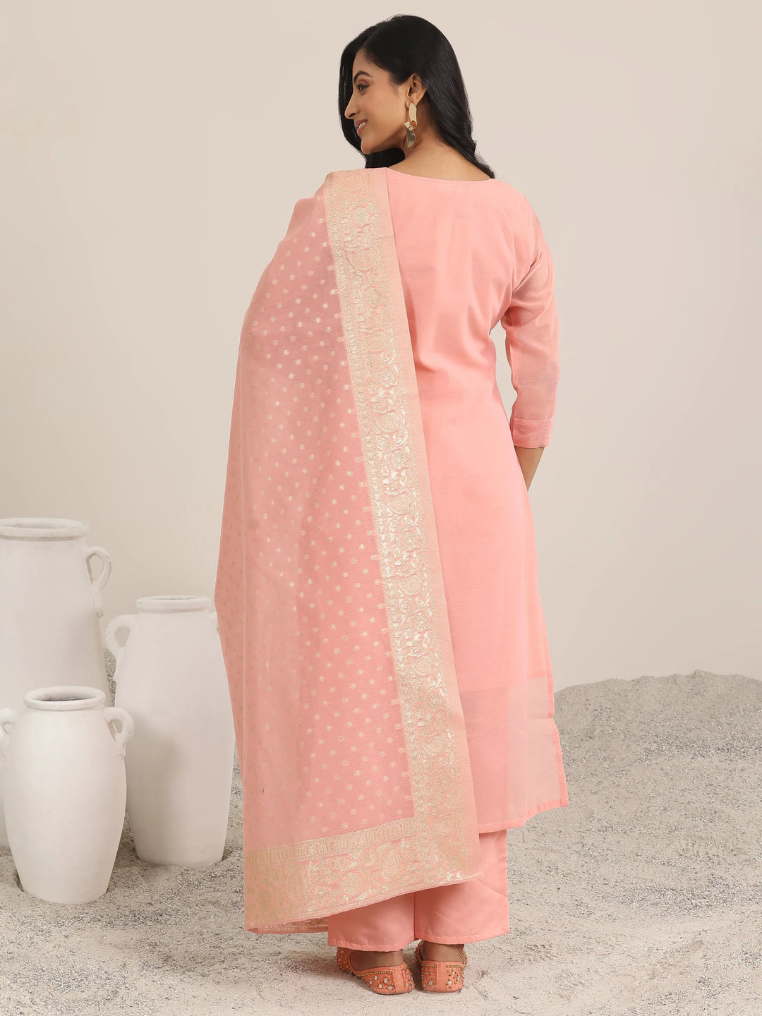  Peach Woven Design Chanderi Silk Straight Suit With Dupatta 