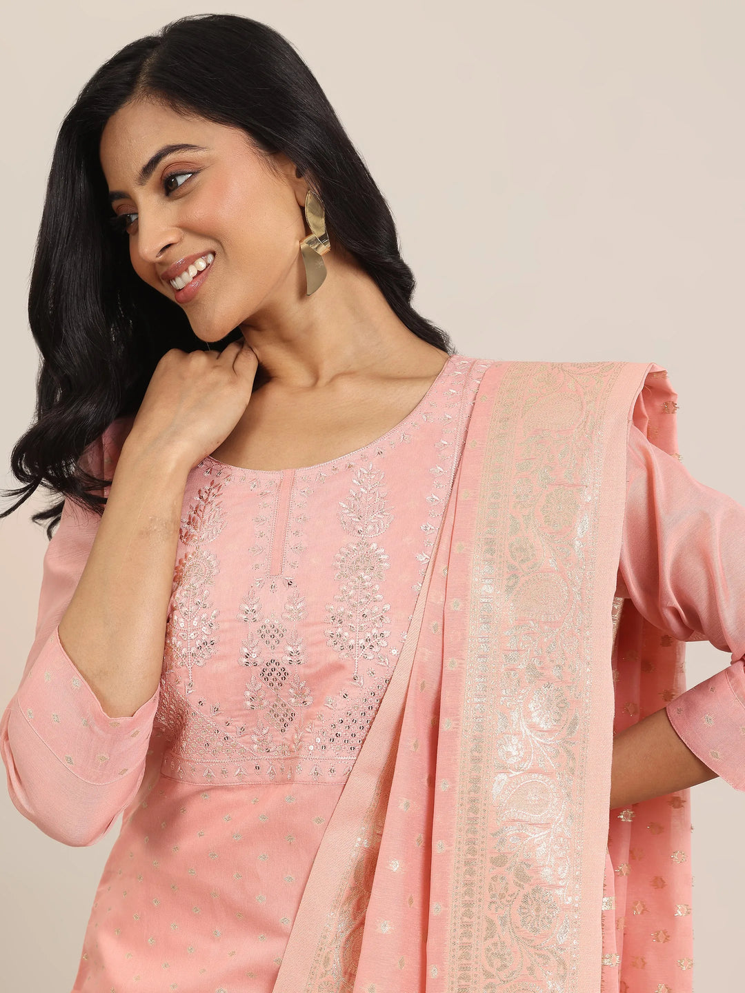 Peach Woven Design Chanderi Silk Straight Suit With Dupatta