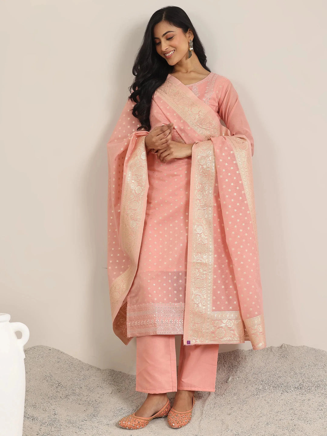  Peach Woven Design Chanderi Silk Straight Suit With Dupatta 