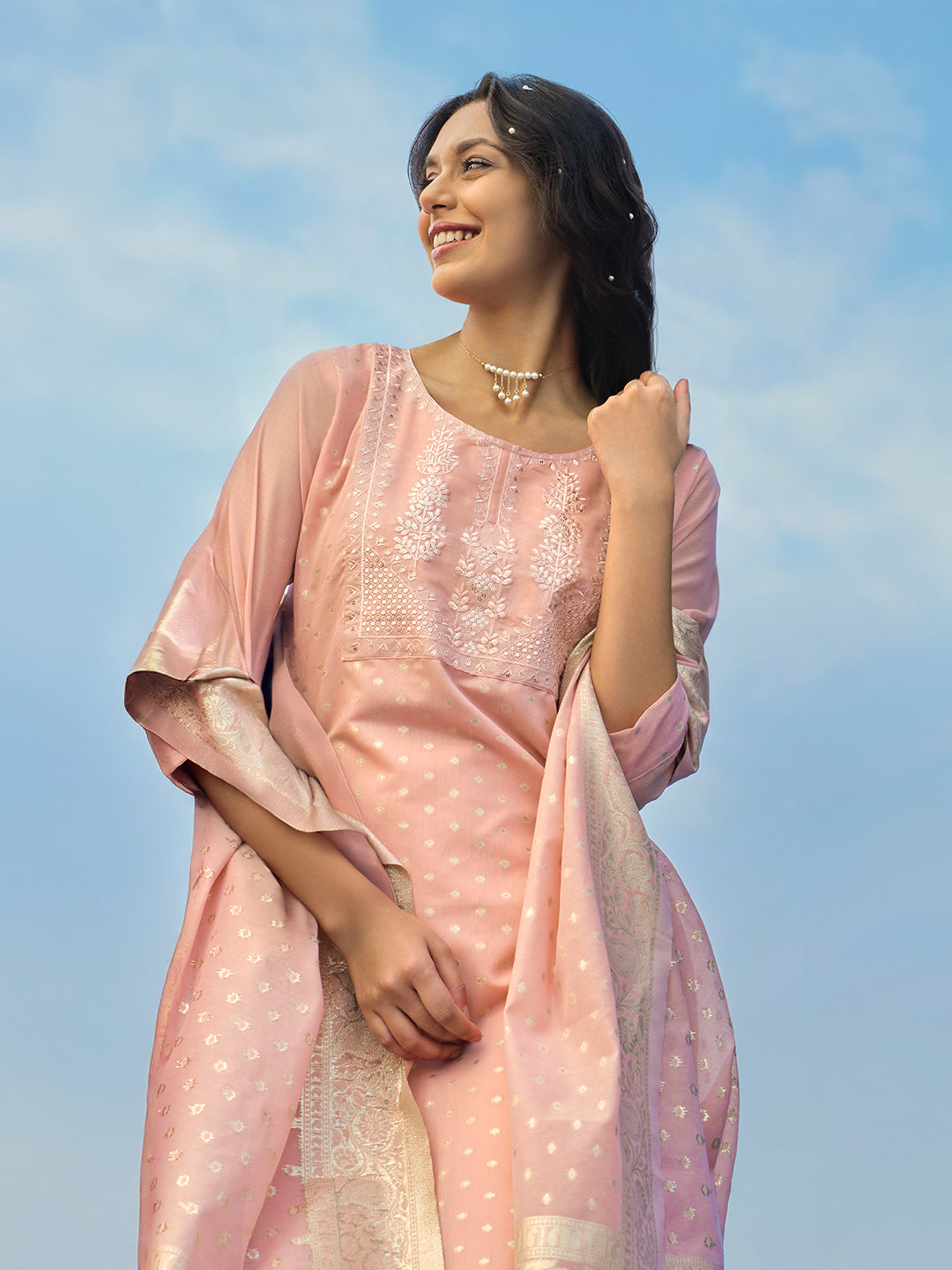  Peach Woven Design Chanderi Silk Straight Suit With Dupatta 