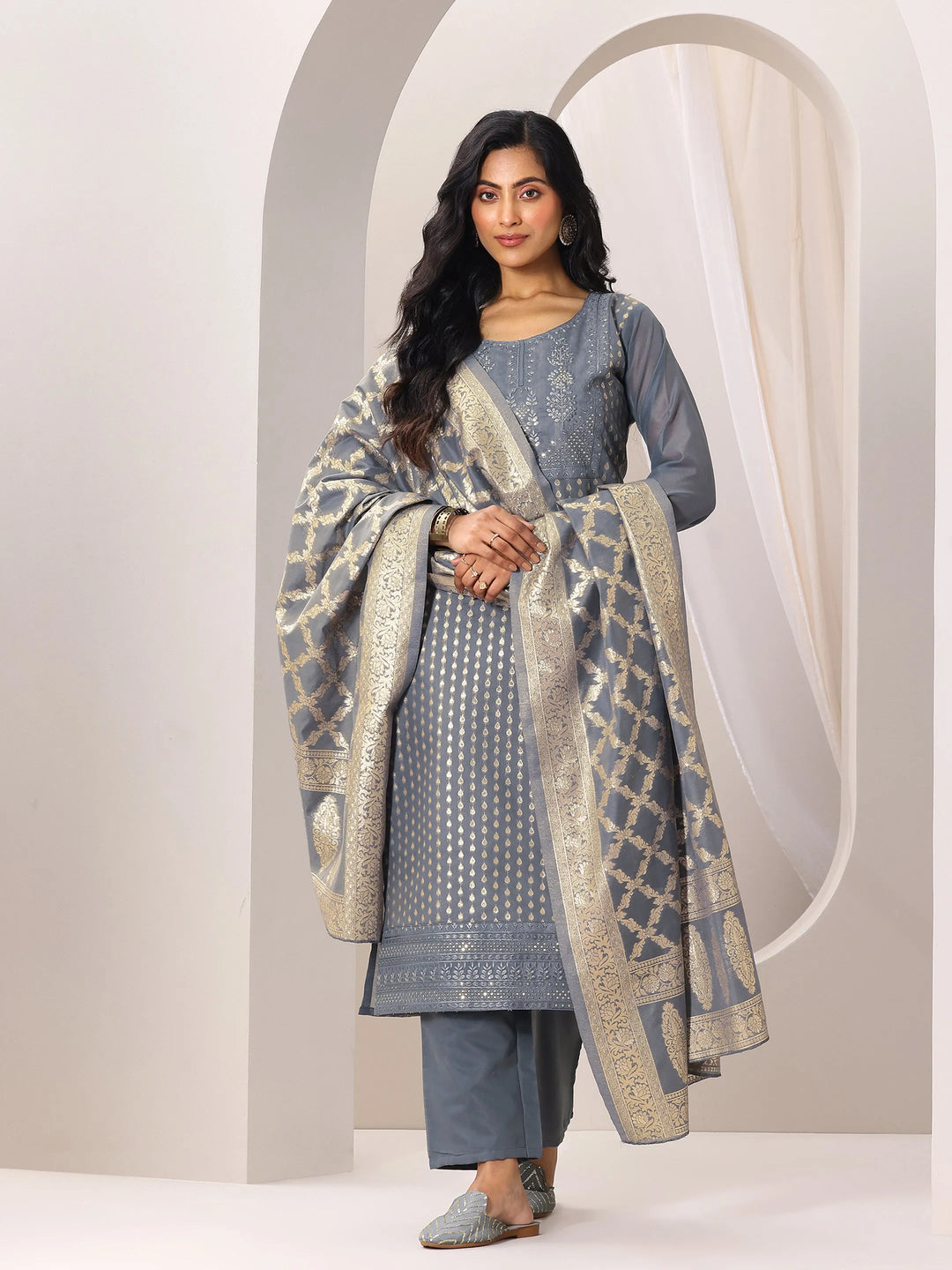  Grey Woven Design Chanderi Silk Straight Suit Set With Dupatta 