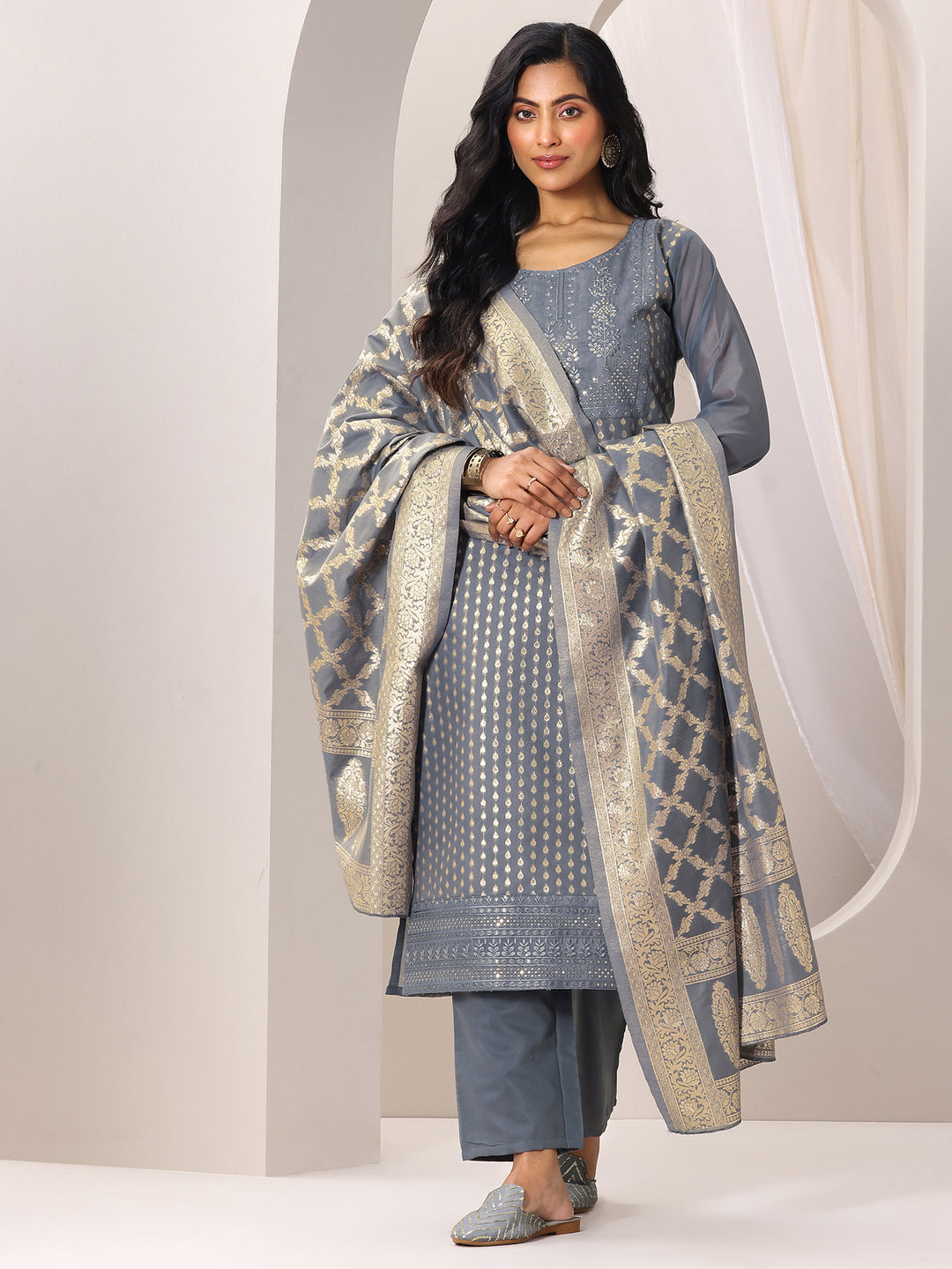  Grey Woven Design Chanderi Silk Straight Suit Set With Dupatta 