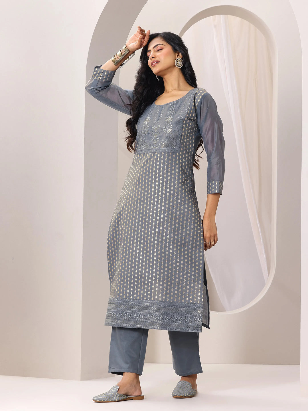  Grey Woven Design Chanderi Silk Straight Suit Set With Dupatta 