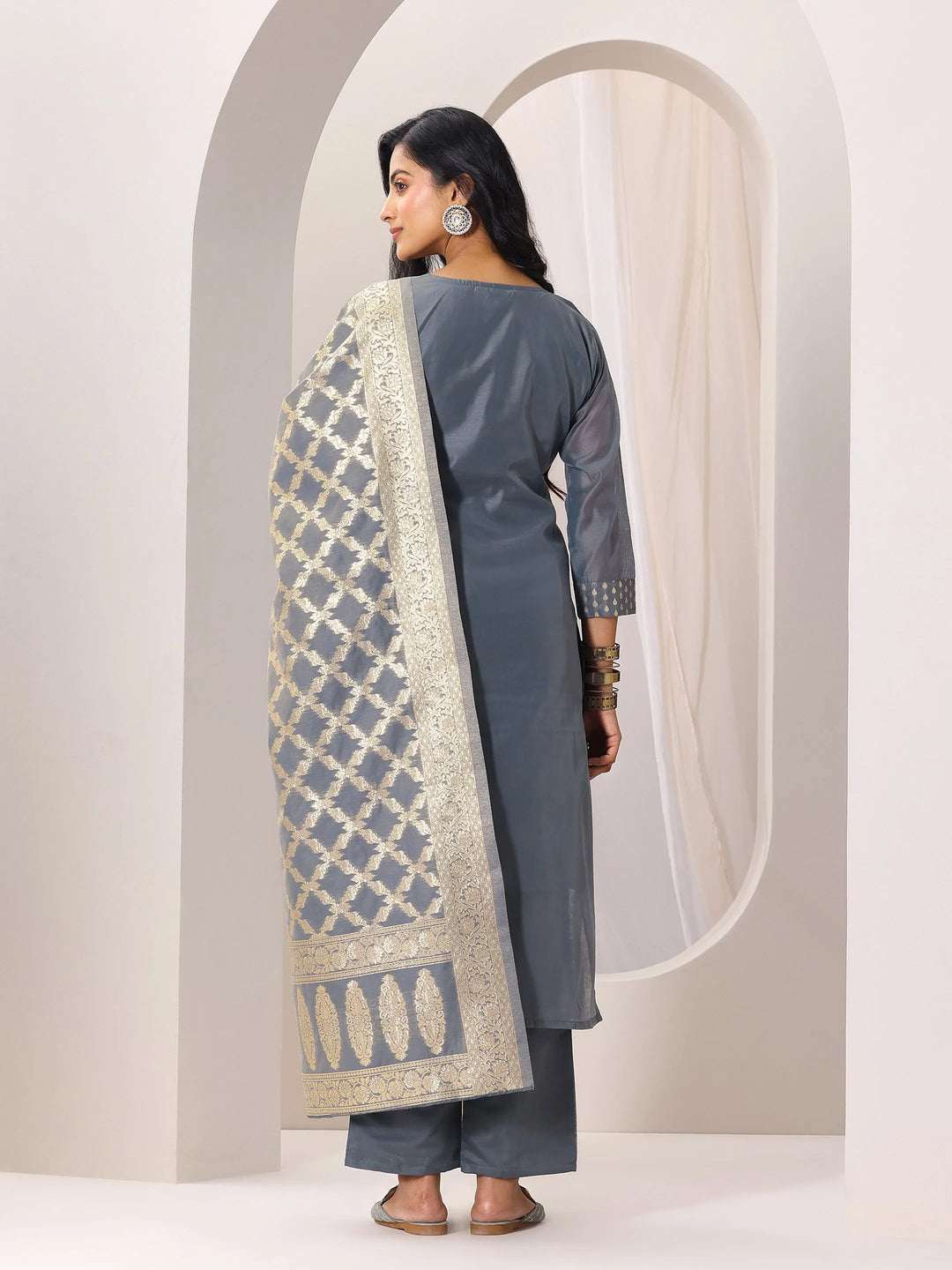  Grey Woven Design Chanderi Silk Straight Suit Set With Dupatta 