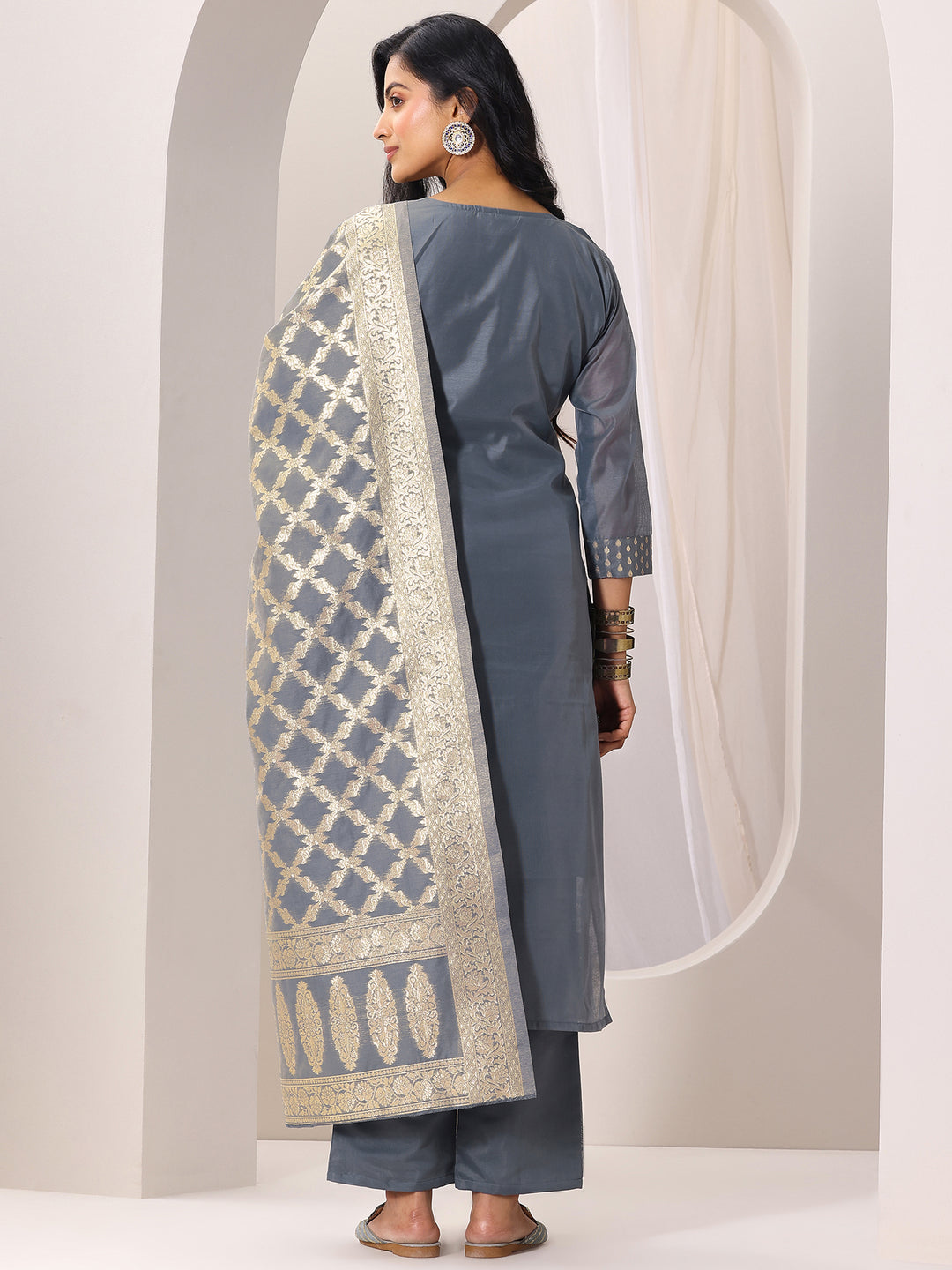  Grey Woven Design Chanderi Silk Straight Suit Set With Dupatta 