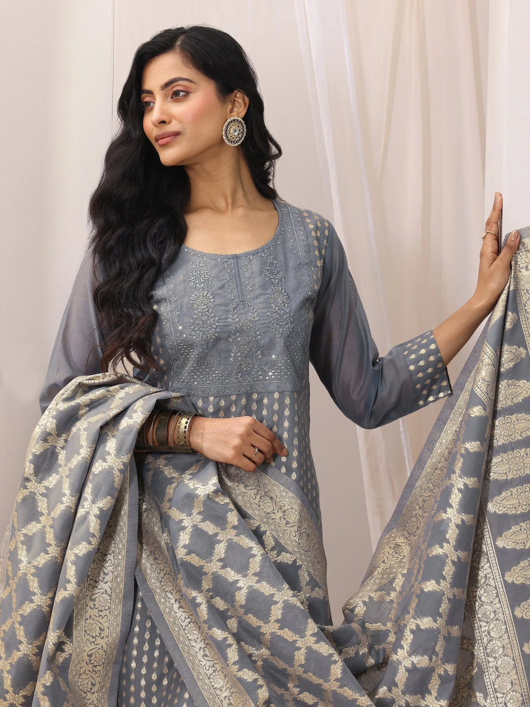  Grey Woven Design Chanderi Silk Straight Suit Set With Dupatta 