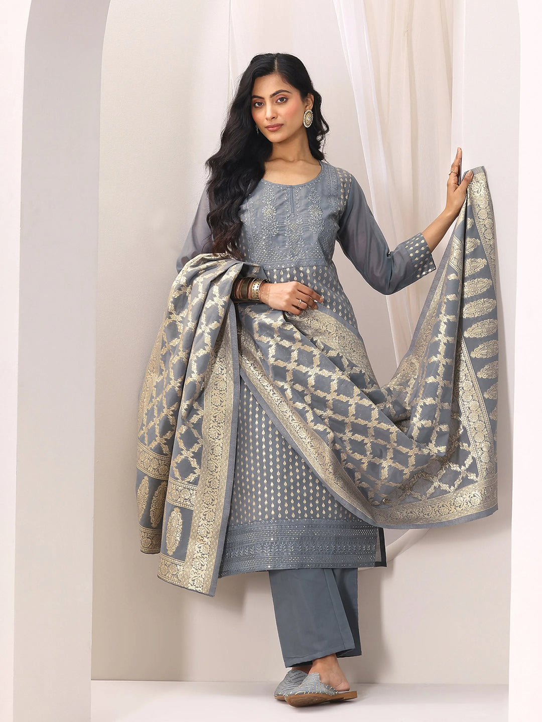 Grey Woven Design Chanderi Silk Straight Suit Set With Dupatta