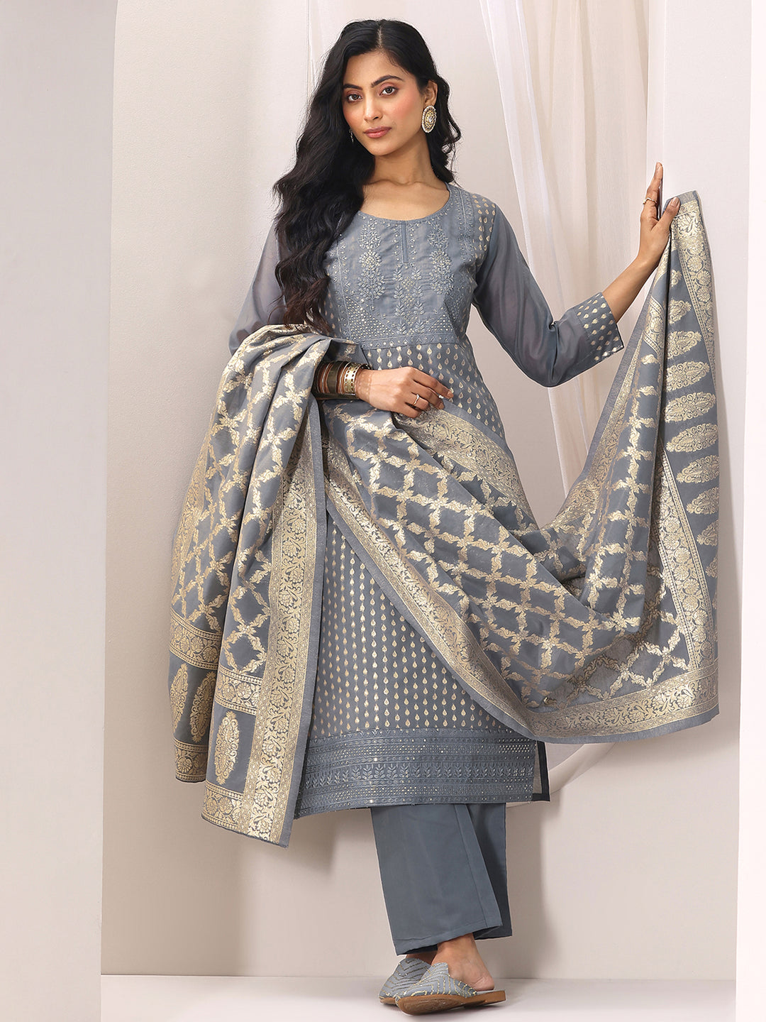  Grey Woven Design Chanderi Silk Straight Suit Set With Dupatta 