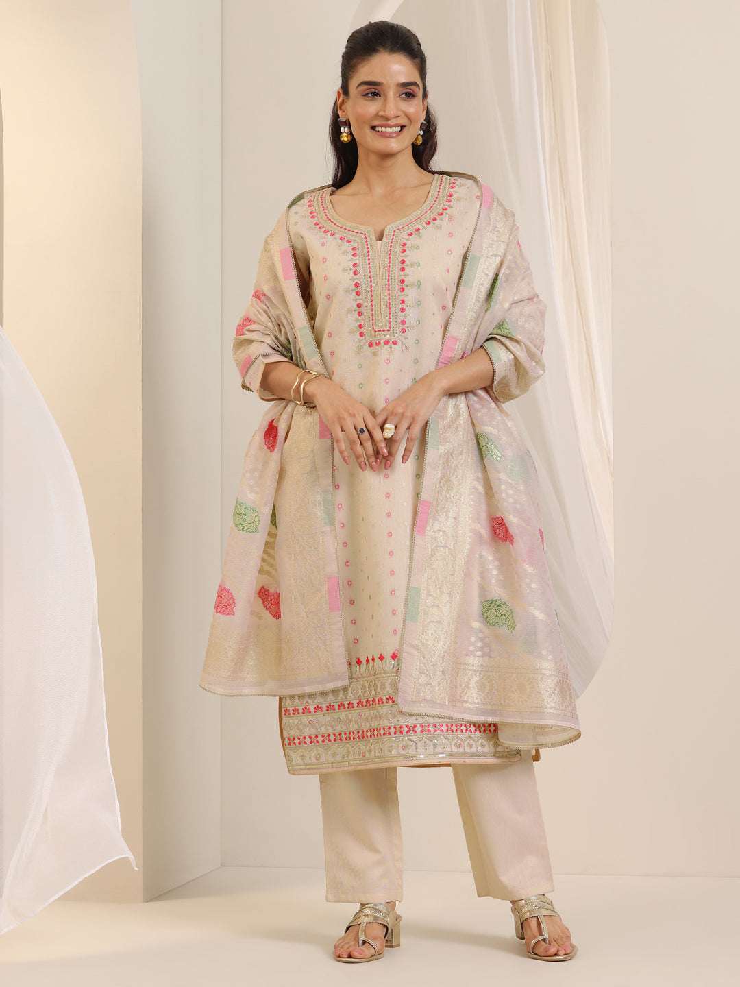  Off White Woven Design Chanderi Silk Straight Suit Set With Dupatta 