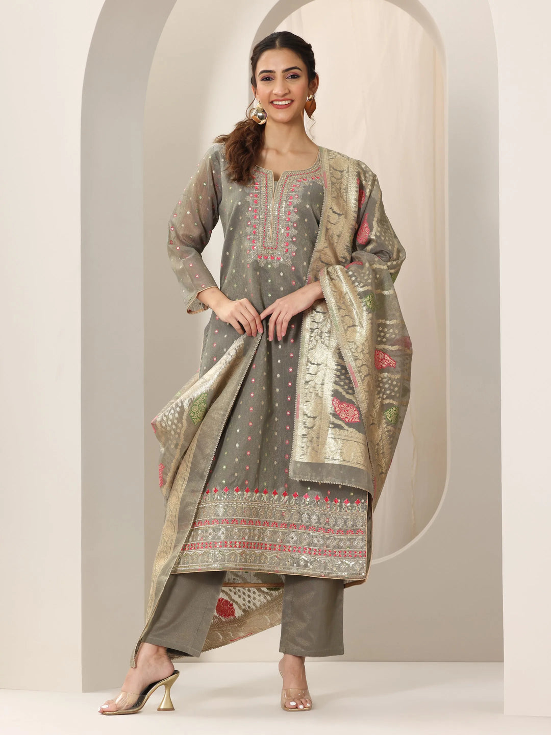  Grey Woven Design Chanderi Silk Straight Suit Set With Dupatta 