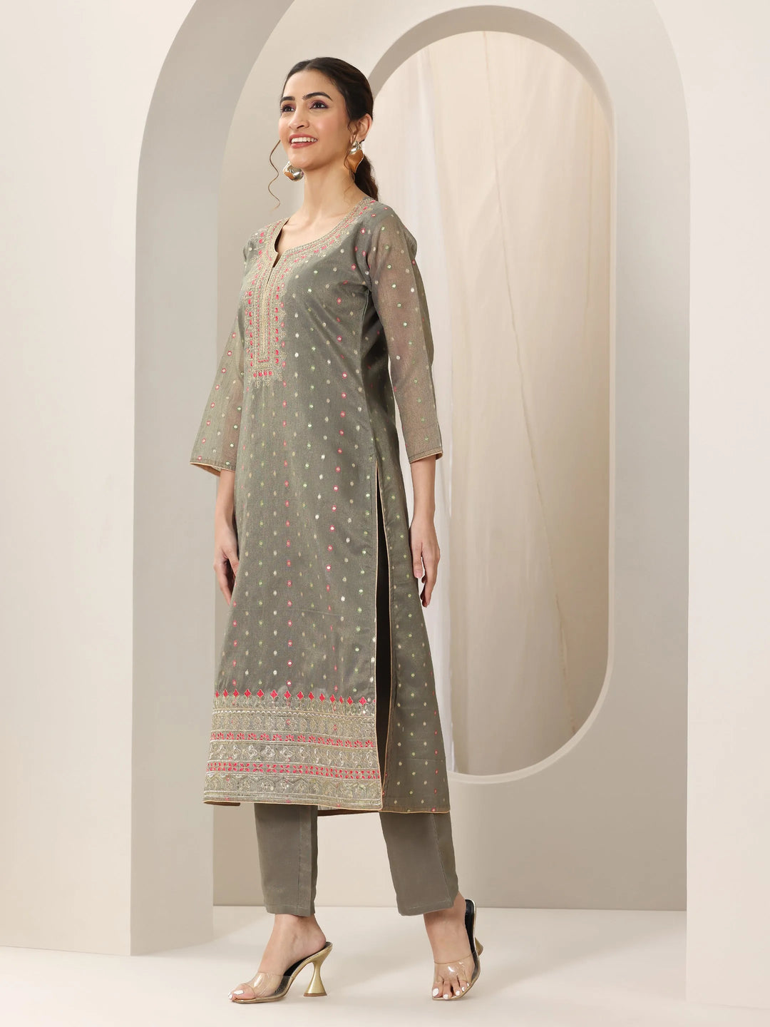  Grey Woven Design Chanderi Silk Straight Suit Set With Dupatta 