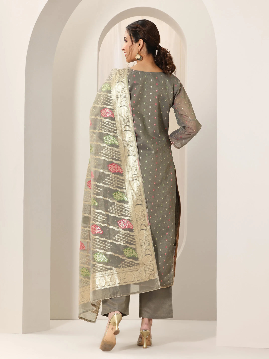  Grey Woven Design Chanderi Silk Straight Suit Set With Dupatta 